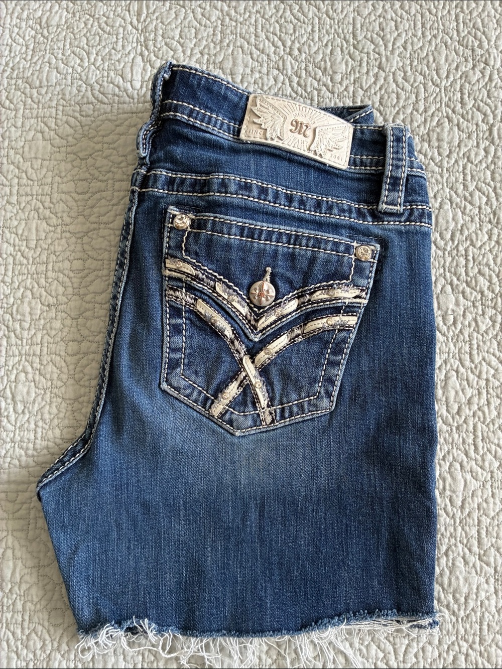 Miss Me Cutoff Blue Jean Denim Shorts with Frayed Hem Size 31 Rhinestone Pockets